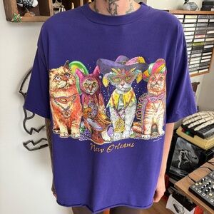Vintage 90s Cropped New Orleans Mardi Gras Cat Front & Back Graphic Tee ~Size XL